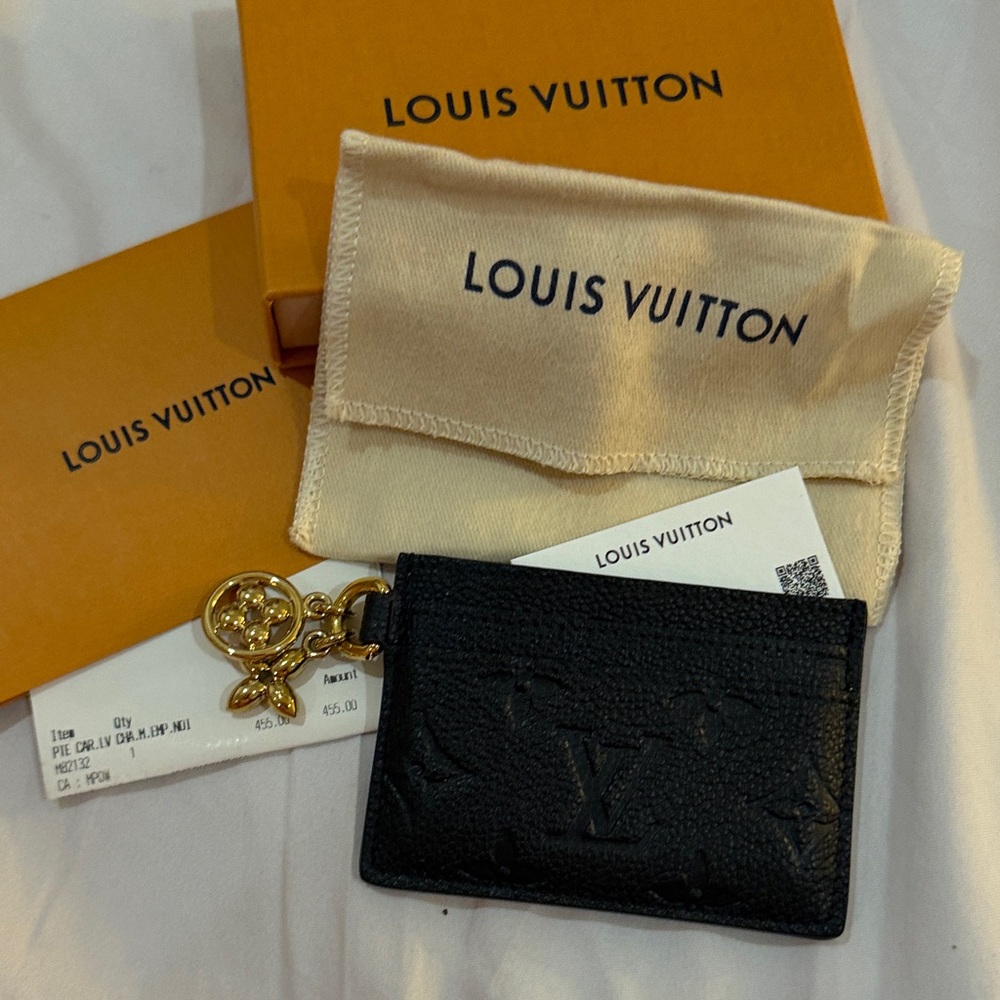 NEW Louis Vuitton Black Monogram Card Holder with Gold Charm